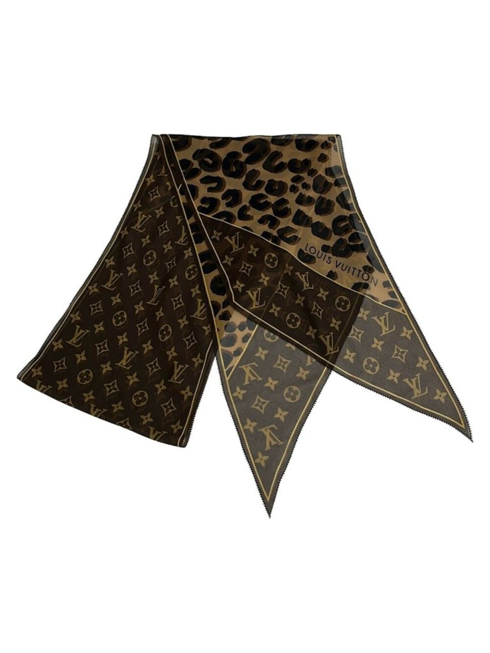 Louis Vuitton Scarf Echarpe Monogram Leopard Dark Brown Beige Black Silk